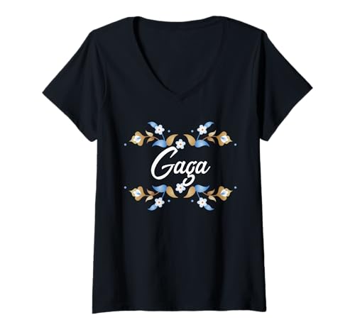 Damen Gaga Floral Blue Gold White Ornament Rahmen Tante Oma Mama T-Shirt mit V-Ausschnitt Damen Gaga Floral Blue Gold White Ornament Rahmen Tante Oma Mama T-Shirt mit V-Ausschnitt von Glorious Grandma Names