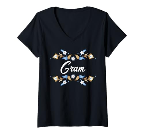 Damen Gram Floral Blue Gold White Ornament Rahmen Tante Oma Mama T-Shirt mit V-Ausschnitt Damen Gram Floral Blue Gold White Ornament Rahmen Tante Oma Mama T-Shirt mit V-Ausschnitt von Glorious Grandma Names