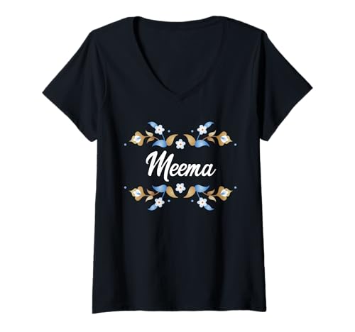 Damen Meema Blumenmuster, Blau / Gold / Weiß T-Shirt mit V-Ausschnitt Damen Meema Blumenmuster, Blau / Gold / Weiß T-Shirt mit V-Ausschnitt von Glorious Grandma Names