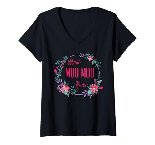 Damen Tolles Moo Moo aller Zeiten mit rosafarbenem Blumenmuster als Geschenk für Tante, Oma und Mama T-Shirt mit V-Ausschnitt Damen Tolles Moo Moo aller Zeiten mit rosafarbenem Blumenmuster als Geschenk für Tante, Oma und Mama T-Shirt mit V-Ausschnitt von Glorious Grandma Names
