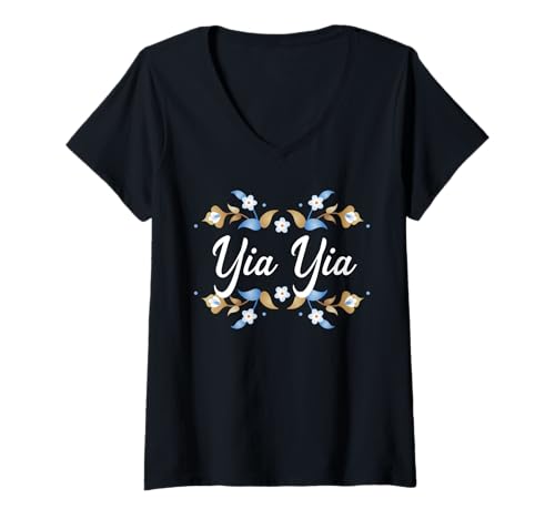 Damen Yia Yia Bilderrahmen, Blumenmuster, Blau / Gold / Weiß T-Shirt mit V-Ausschnitt Damen Yia Yia Bilderrahmen, Blumenmuster, Blau / Gold / Weiß T-Shirt mit V-Ausschnitt von Glorious Grandma Names