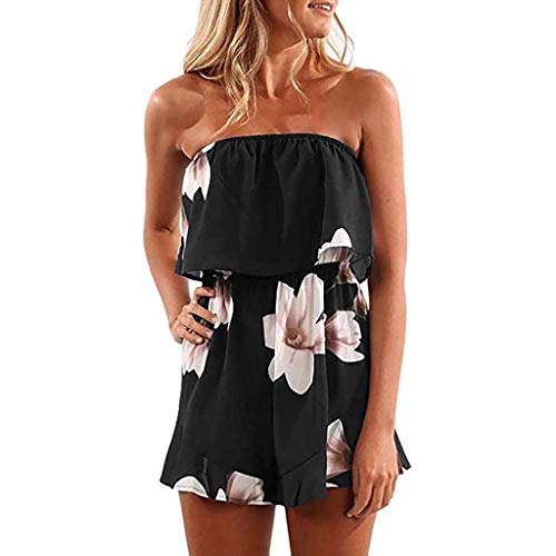 Bandeau Jumpsuit für Damen Sommer Blumen Ärmellos Schulterfrei Elastische Elegant Jumpsuit Overall Playsuit Casual Kurz Romper Hosenanzug Sexy Trägerloser Elegant für Hochzeit Festlich (Black, XL) von Glücksvogel