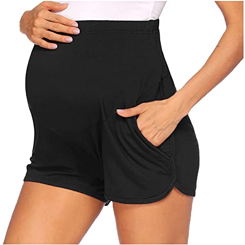 Damen Casual Umstandsshorts Kurze Schwangerschaftshose Bequeme Umstands Shorts Freizeithose Sommer Umstandsleggings Kurze Schwangerschaft Hosen Stretch Jogginghose Sporthose Umstandsmode (Black, S) von Glücksvogel