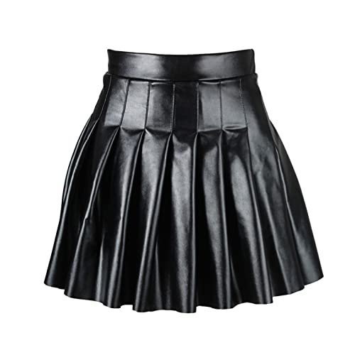 Damen Faltenrock Leder Optik Sexy Wetlook Mini Skater Rock Shiny Metallischer Skater Rock Stretch Rock Sommer Rockabilly Elastische Taille Kurz Röcke Casual Ruffle Sommerkleid Party Kostüm von Glücksvogel