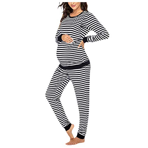 Damen Schlafanzug Stillpyjama Langarm Gestreift Umstandspyjama Schlafanzug Umstandnachtwäsche Lang Schwangere Stillpyjama Weich Umstandsmode Schlafanzug mit Stillfunktion Nachtwäsche für (Black, L) von Glücksvogel