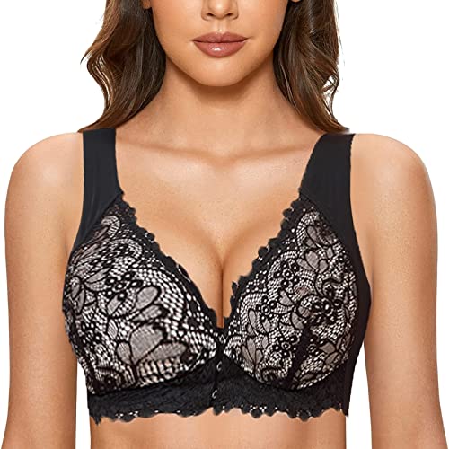 Damen Spitzen Komfort Postoperativer BH Vorderverschluss Racerback Nahtlos BH ohne Bügel Bustier Große Brüste Schlaf BH Starker Halt Push up Sport BH Gepolstert Bralette Klassischer T (Black, XXXL) von Glücksvogel