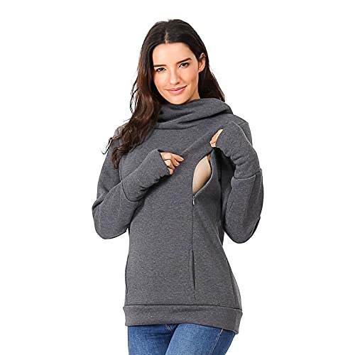 Damen Stillen Hoodie Mutterschaft Fleece Stillpullover mit Kapuze,Umstandspullover Langarm Stilloberteil Umstandsmode Herbst Winter Warm Pullover Schwangere Pflege Stillen Shirt (B-Dark Gray, S) von Glücksvogel