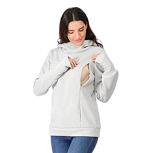 Damen Stillen Hoodie Mutterschaft Fleece Stillpullover mit Kapuze,Umstandspullover Langarm Stilloberteil Umstandsmode Herbst Winter Warm Pullover Schwangere Pflege Stillen Shirt Sweatshirt (B-Grey, M) von Glücksvogel