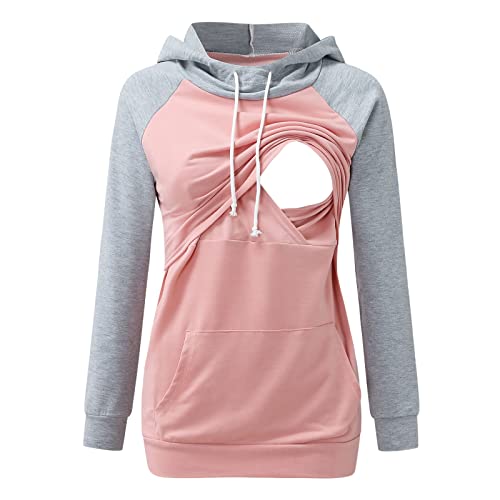 Damen Umstands Kapuzenpullover Stillzeit Lang Ärmel Stillpullover Herbst Winter Baumwolle Stillen Stillpulli Sweatshirt Hoodie mit Taschen für Schwangerschaft Basic Stillzeit Umstandsmode (Pink, L) von Glücksvogel