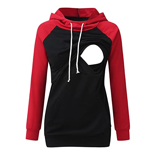 Damen Umstands Kapuzenpullover Stillzeit Lang Ärmel Stillpullover Herbst Winter Baumwolle Stillen Stillpulli Sweatshirt Hoodie mit Taschen für Schwangerschaft Basic Stillzeit Umstandsmode (Red, L) von Glücksvogel