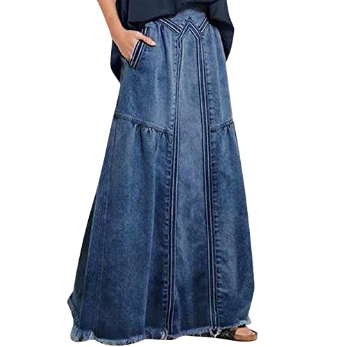 Damen Vintage Jeansrock mit Taschen Casual Elastische Taille Ausgefranster Saum A-Linie Distressed Hippie Lange Maxi Denim Rock Freizeit Hoch Taille Rock Elegante A-Linie Rock im Used (Dark Blue, S) von Glücksvogel