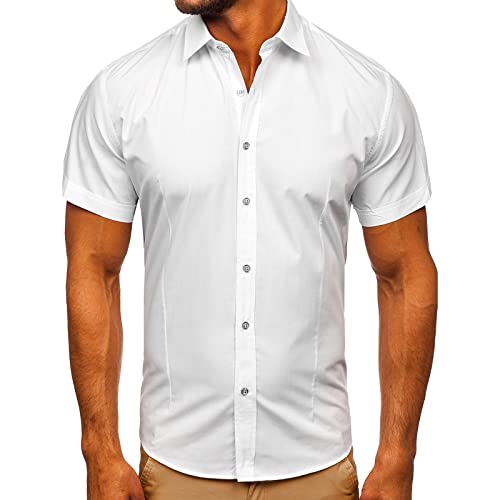 Glücksvogel Herren Hemd Kurzarm Freizeithemd Businesshemd Herren-Hemd Slim-Fit Kurzarm-Hemden Männer Comfort Fit Hemd Bügelfrei Stretch Herrenhemden Sommer Einfarbig Basic Shirt for Männer (White, XL) von Glücksvogel