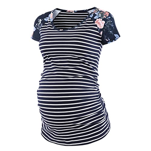 Glücksvogel Stillshirt Umstandsmode Blumendruck Still Oberteil Tops Damen Kurzarm Stilltop Stillmode Baumwolle Schwangerschafts Umstandstop Umstandsshirt Maternity Tops (Navy, XL) von Glücksvogel