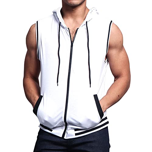 Herren Tank Tops Ärmellose Hoodie Sport Kapuzenjacke Tankshirt Sommer Bodybuilding Unterhemd T-Shirt Kapuzenpullover Fitness Muskelshirt Sportweste Achselshirt Trägershirt Ärmellose (White, 3XL) von Glücksvogel