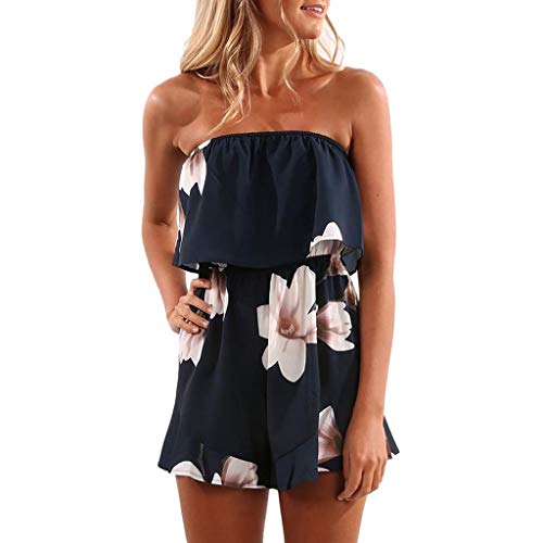 Jumpsuit Damen Elegant Blumen Sommer Ärmellos Jumpsuit Overall Bandeau Schulterfrei Einteiler Romper Locker Lässig Kurz Hosenanzug Sexy Trägerloser Boho Playsuit Casual Party Hochzeit (Navy, M) von Glücksvogel