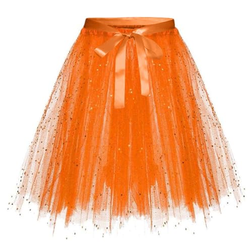 Karneval Tüllrock Damen Erwachsene Glitzernder Tütü Röcke Puffy 80er Tüll Unterrock Minirock Petticoat Tanzkleid Adult Teen Dehnbaren Tutu Rock Erwachsene Ballettrock Tüllrock für Party (Orange, S) von Glücksvogel