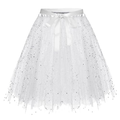 Karneval Tüllrock Damen Erwachsene Glitzernder Tütü Röcke Puffy 80er Tüll Unterrock Minirock Petticoat Tanzkleid Adult Teen Dehnbaren Tutu Rock Erwachsene Ballettrock Tüllrock für Party (White, S) von Glücksvogel