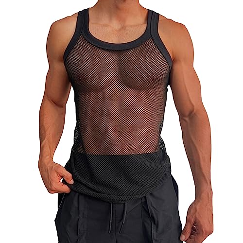 Netz Unterhemd Ärmellos Tank Top Herren Fischnet Tanktop Transparent Shirt Sport Muskelshirt Unterhemd Herren Atmungsaktiv Funktionsshirt Running Shirt Sommer Achselshirt Männer Weste (Black, L) von Glücksvogel