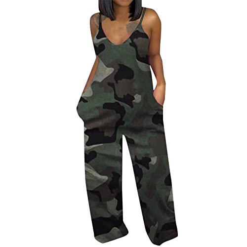 Sommer Jumpsuit Damen Elegant Ärmellos Playsuit Blumen V-Ausschnitt Casual Lose Overalls Weites Bein Lang Romper Festlich mit Taschen Sommer Hosenanzug Playsuit Boho Casual Party (Camouflage, XXL) von Glücksvogel