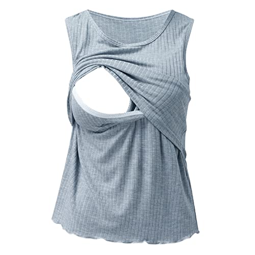 Stillshirt Umstandsmoden Top Ärmellose, gerippte, bedruckte Still-Tanktops für Damen zum Stillen, Schwangerschaftsweste mit Brustpolstern Damen Umstandstop Stillshirt Lagendesign (Blue, M) von Glücksvogel