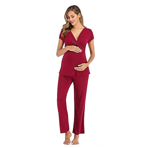 Umstands Pyjama Set für Damen Still Pyjama Set Schwangerschafts Set Stillpyjama Zweiteiliger Stillen Schlafanzug Nachtwäsche Stillshirt Kurzarm Umstandshose Lang Umstandsmode Hausanzug (Wine, M) von Glücksvogel