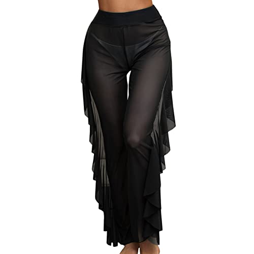 GoWm2022 Damen Mesh Bademode Cover Up Strandhose, Netzstoff, Rüschenhose, Badeanzug, Bikini-Unterteil, Cover-Up-Hose, Damen-Badeanzug (A-Schwarz, S) von GoWm2022