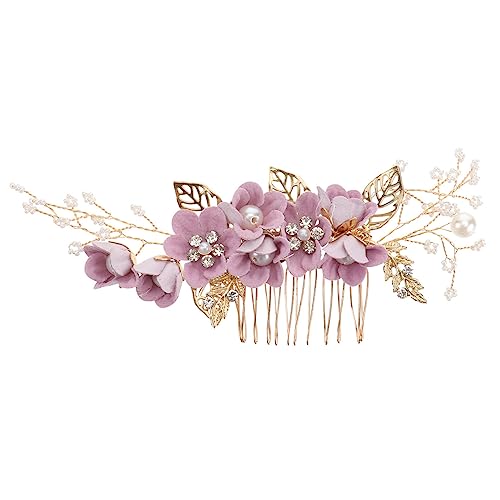 Blumen-Fascinator, Braut-Hochzeits-Haarkamm, Blumenkämme for Haare, Strass-Perlen, Blatt-Haarteil, Kristall-Haar-Seitenkamm for Frauen und Mädchen, rosig(Color:Purple) von GodlSoon