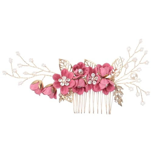 Blumen-Fascinator, Braut-Hochzeits-Haarkamm, Blumenkämme for Haare, Strass-Perlen, Blatt-Haarteil, Kristall-Haar-Seitenkamm for Frauen und Mädchen, rosig(Color:Rosy) von GodlSoon