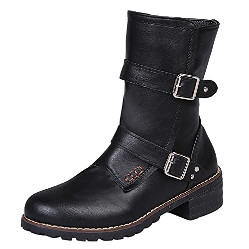 Godom Boots Damen Warm Gefütterte Damen Stiefeletten Biker Boots Stiefel Schuhe Blockabsatz - Herbst Winter Frauen Schuhe Schnallen Damen Schnürstiefeletten mit Blockabsatz Flandell von Godom