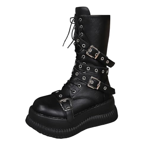 Damen Chelsea Boots, Damen Winter Gothic Punk Plateau Stiefel Goth Schnalle Zipper Wedges Mid Schuhe Plattform Biker Boots Chunky Motorrad Stiefel von Godom