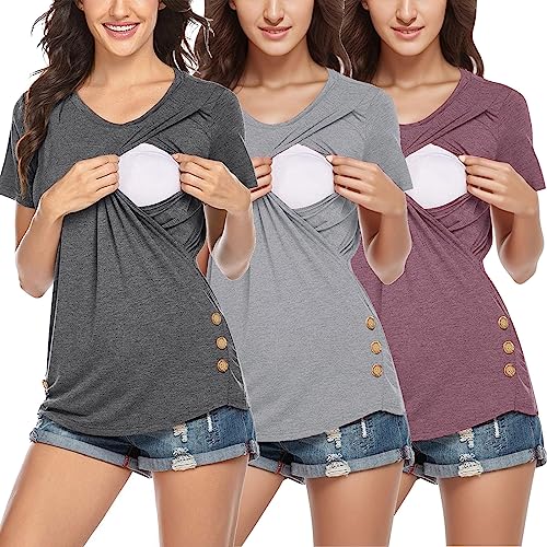 Damen Stillshirt Kurzarm Umstands Nursing T-Shirt Tops Mama Licious Female Still-Bluse mit kurzen Ärmeln MLLEA 3er-Pack Stillshirt-Damen-Umstandstop Umstandsmode Oberteil Umstandsmode Sommer von Godom