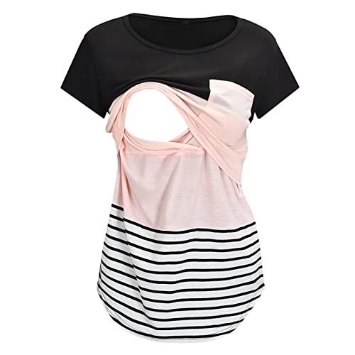 Elegante Blusen 3/4 Ärmel Damen Umstandsmode Kurzarm Rundhalsausschnitt Einfarbig Asymmetrisch Klappe Stilltops T-Shirt Zum Stillen 1er Pack Damen-Stillshirt-Kurzarm-Umstands-Nursing-T-Shirt-Tops von Godom