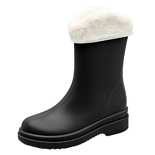 Godom Damen Gummistiefel Kurz, Damenschuhe Weite H Winter Regenstiefel mit mittlerem Fass für Studenten, warm, wasserdicht, rutschfest, plus Samt-Wasserschuhe, Gummischuhe von Godom