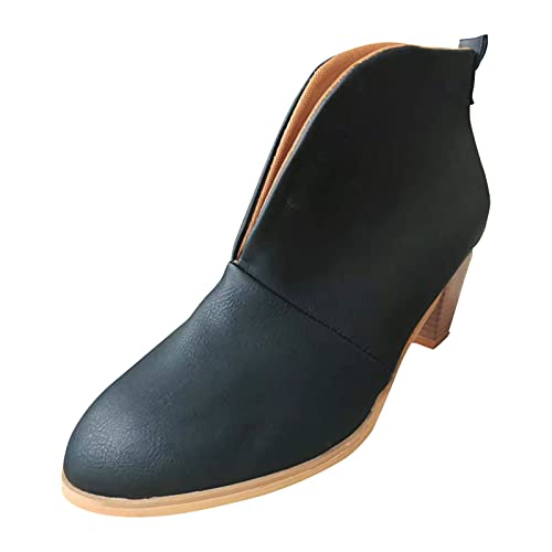 Godom Leder Stiefeletten Damen Mit Absatz Frauen Halbhohe Cowboystiefel Stiefeletten Flache Absätze Stiefel Walkingschuhe Freizeitschuhe Damenstiefeln Rutschfeste Damen-Boots Schlupfstiefel von Godom