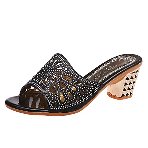 Godom Sandalen Damen,Sandaletten Damen Sommer Sandalen Damen Mode-Sommer-Frauen-Sandelholz-glänzender Strass-Riemen-mittlere Ferse-Blockabsatz-offene Zehe-Sandalen DamenFrauen Mädchen Sandaletten von Godom