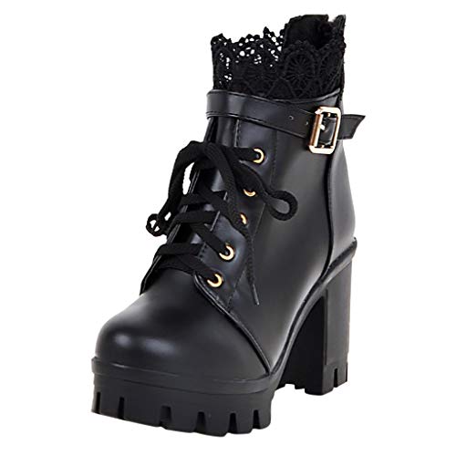 Godom Stiefeletten Damen, Stiefeletten Damen Mit Absatz Modische Schnürstiefeletten Damen Einfarbig Stiefel Gürtelschnalle und Seitlicher Reißverschluss Ankle Boots Damen Viktorianisch Stiefel von Godom