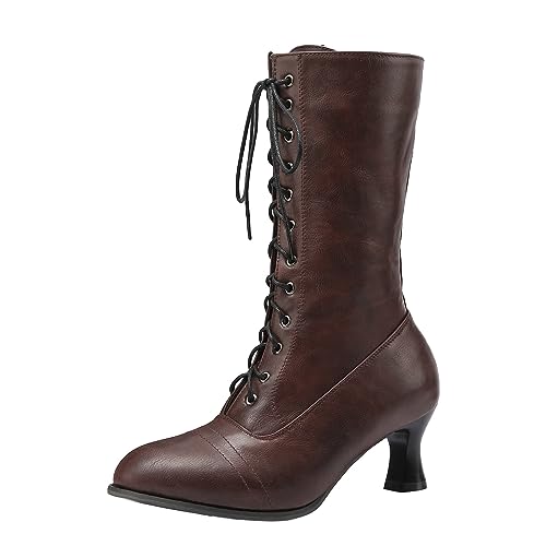 Godom Stiefeletten Damen, Stiefeletten Damen viktorianische Vintage Gothic Schnürung lederstiefel spitz Klassische Halbschaft Stiefel Mittelalterliche retro Knöchelstiefel Damen Ankle Boots Hochzeit von Godom