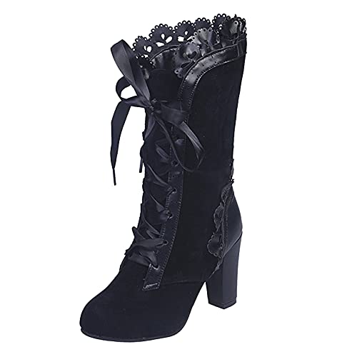 Godom Stiefeletten Damen, Stiefeletten Damen viktorianische Vintage Gothic Schnürung lederstiefel spitz Klassische Halbschaft Stiefel Mittelalterliche retro Knöchelstiefel Damen Ankle Boots Hochzeit von Godom