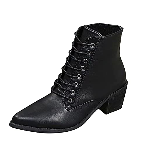 Godom Stiefeletten Damen Bequem High Heel Women's Toe Short Heel Boots Lace-up Thick Boots Fashion Pointed Damenstiefel Stiefeletten Damen Mit Absatz Schwarz von Godom