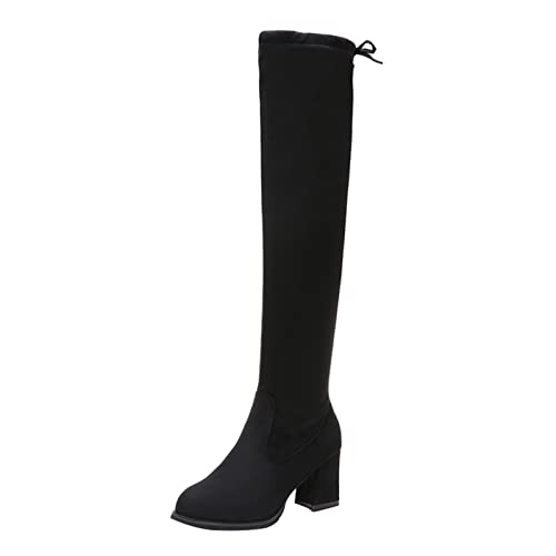 Godom Stiefeletten Damen mit Absatz Flock Chunky Warm Boots Heel Boots Long Für Damenstiefel Schuhe Winter Retro-Stiefel Kniehohe Damenstiefel mit mittlerer Overknees Damen Schwarz von Godom