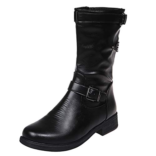 Godom Stiefeletten Damen mit Absatz Retro-Frauen-Reißverschluss-Quadrat-Absatz-Normallack-mittlere Schlauch-Stiefel-runde Zehe-Schuhe Grünbein von Godom