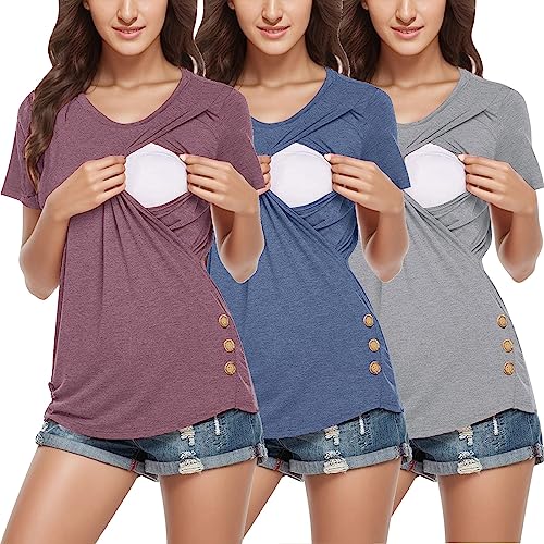 Godom Still Oberteil Sommer, Umstandsmode Kurzarm Umstandsmode Stillshirt Oberteil Streifen 3 Pack Damen Umstandstop Umstandsshirt Basic Stillzeit Umstandsmode Umstandsbluse Top von Godom