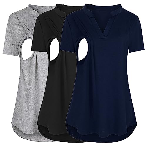 Godom Still Oberteil Sommer, Umstandsmode Kurzarm Umstandsmode Stillshirt Oberteil Streifen 3 Pack Damen Umstandstop Umstandsshirt Basic Stillzeit Umstandsmode Umstandsbluse Top von Godom