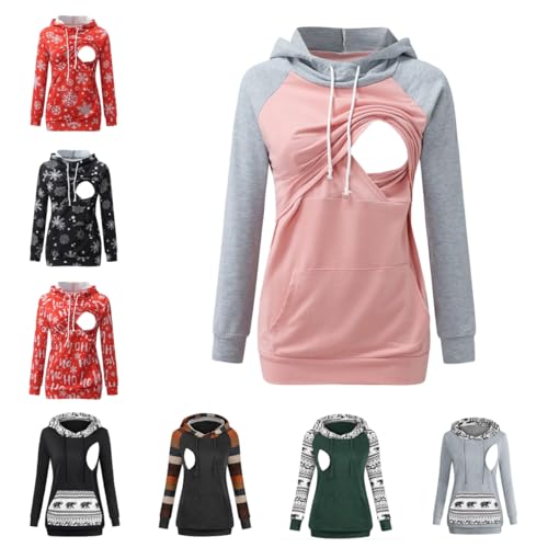 Godom Stillpullover Damen, Damen Stillen Hoodie Umstandspullover Langarm Umstandsmode Jacke Damen Stilloberteile Langarm Stillshirt Hoodie Damen mit Taschen Solid/Patchwork/Weihnachten Kapuzenpullover von Godom