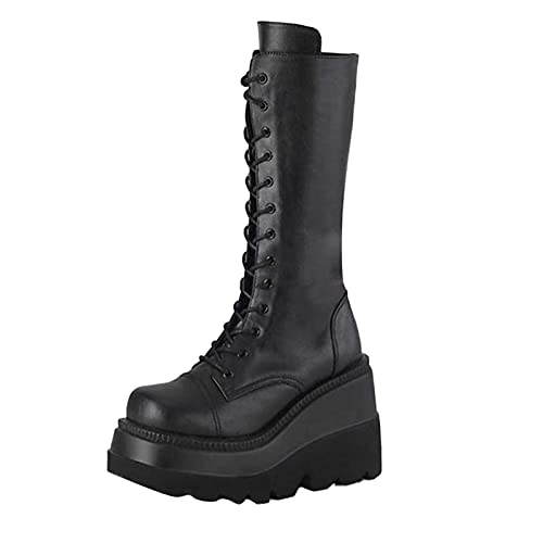 Stiefel Damen Kniehoch, Damen Winter Gothic Punk Plateau Stiefel Goth Schnalle Zipper Wedges Mid Schuhe Plattform Biker Boots Chunky Motorrad Stiefel von Godom