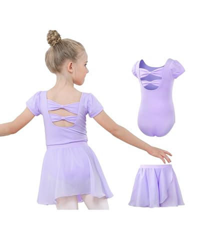 Gogokids 2er Pack Ballett-Trikots für Mädchen, Kleinkind Kurzarm Gymnastikanzug mit Abnehmbarem Chiffonrock, Kinder Ballett Tanzkleidungsset für 6-7 Jahre von Gogokids