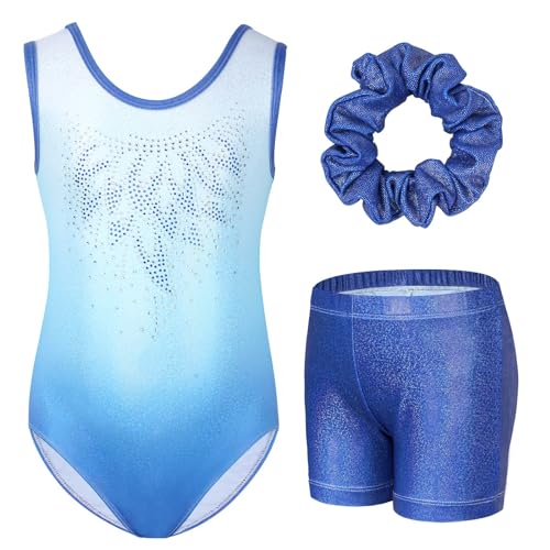 Gogokids Mädchen Dreiteiliges Gymnastikset, Funkelnder ärmelloser Trikotanzug mit Shorts, Mädchen Ballett Tanz Trikotanzug - Gymnastikoutfit mit Blauen Stern Farbblock Design für 5-6 Jahre von Gogokids