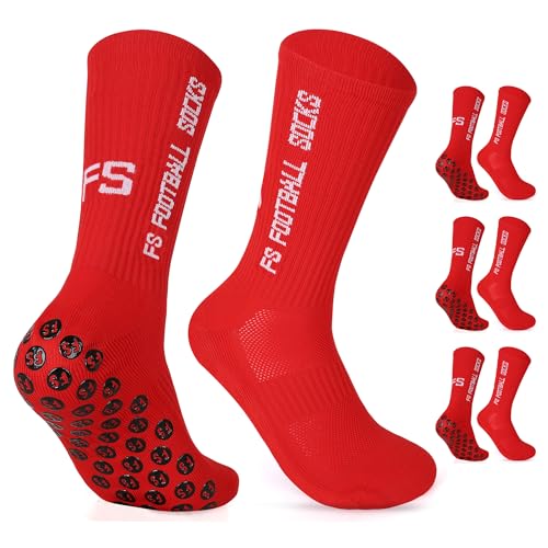 Gohanny Fußballsocken 3 Paar Rutschfeste Fußball Socken, Größen 39-36, Fussball Socken für Damen & Herren - Anti-Rutsch Grip Fußball Socken- Sportsocken Atmungsaktiv, Rot von Gohanny