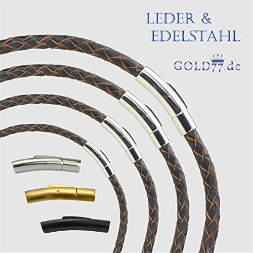 Lederkette geflochten SCHWARZ-NATURrand | Armband 18-23 cm - Halsband 36-70 cm | 4 Stärken | Verschlüsse in Silber/Schwarz/Gold, Länge:Kette 45 cm, Stärke + Verschlußfarbe:4 mm | Verschluß Silber von Gold77