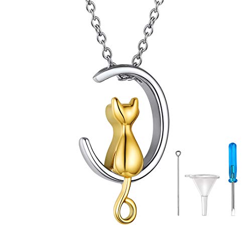 GoldChic Memorial Asche Urne Halskette Gold Edelstahl Feuerbestattung Urnekette für Asche mit Katze goldener Mond Anhänger Halskette für Katze Hund Familien mit 46cm+5cm Kette von GOLDCHIC JEWELRY